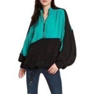Free‎ People Colorblock Oversize Half Zip Tunic Top Green Black Drawstring XS/SM
